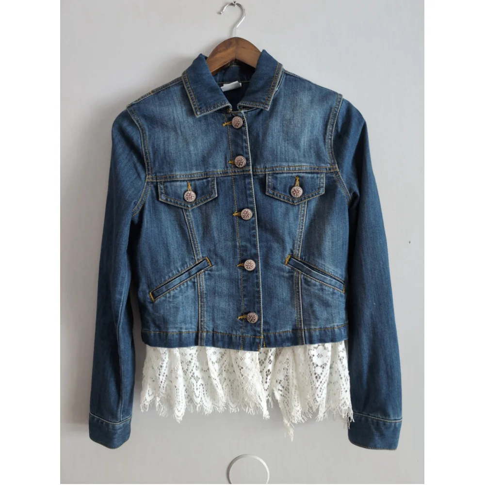 Cabi Dakota Blue Denim Jacket Women Sz S Removable lace Trim #5297 Office Career - Picture 2 of 12